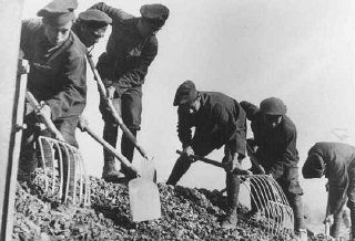 Slovak Jewish men work at road building in a forced-labor camp